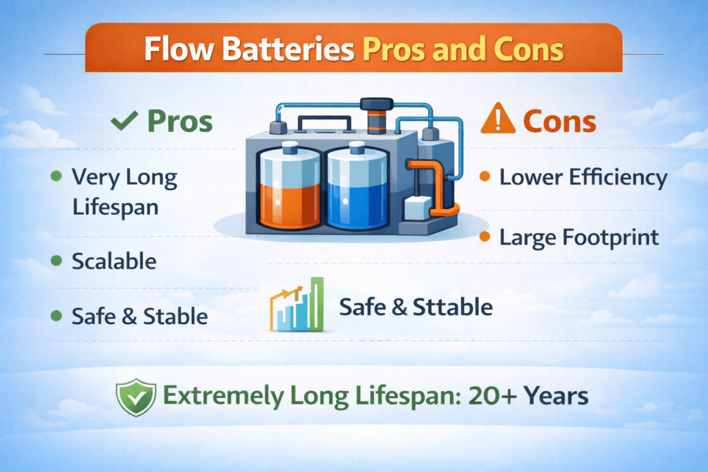 Li-ion vs LFP vs Flow Batteries - Flow Batteries Pros and Cons Infographic