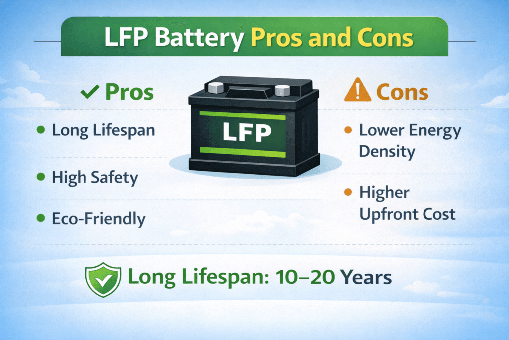 Li-ion vs LFP vs Flow Batteries - LFP Pros and Cons Infographic