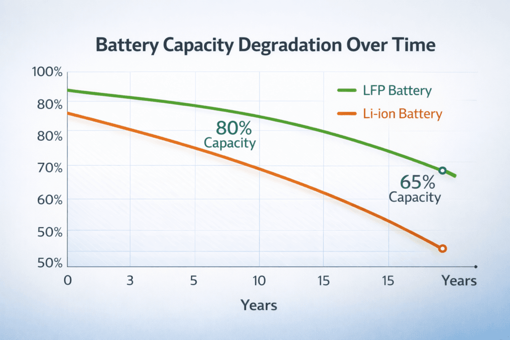 LFP battery degradation over time showing slow capacity loss across 10 to 20 years