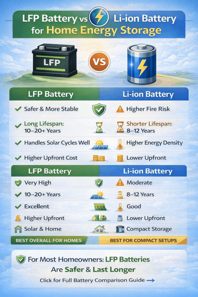 lfp-vs-li-ion-battery-comparison-infographic - F2C Deals Infographic comparing LFP Battery vs Li-ion Battery for home energy storage highlighting safety, lifespan, efficiency, and cost.