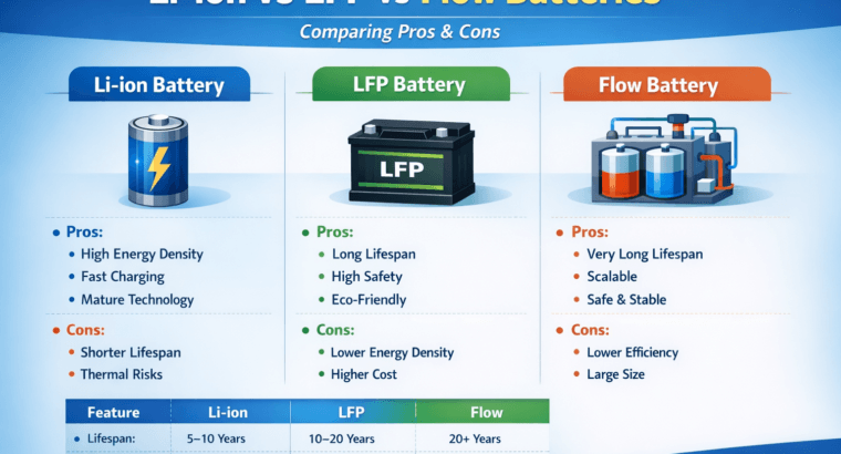 Comparing Li-ion vs LFP vs Flow Batteries: Pros & Cons