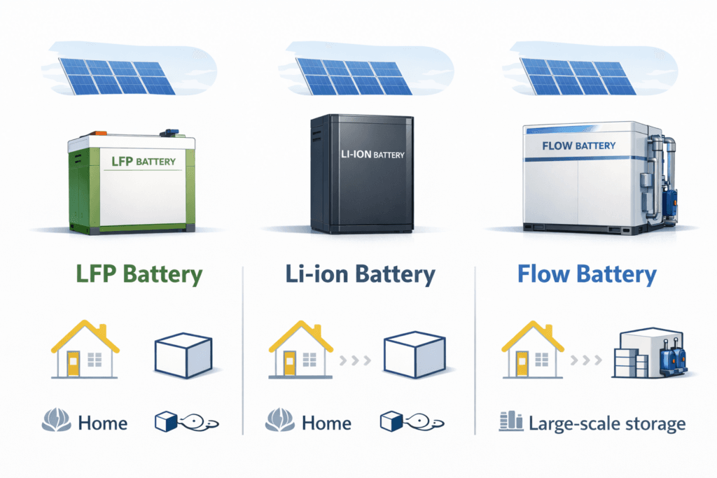 Overview of solar battery types including LFP, Li-ion, and flow batteries used for solar energy storage